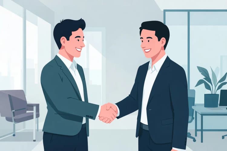 Duas pessoas de negócios sorrindo e apertando as mãos em um escritório moderno.