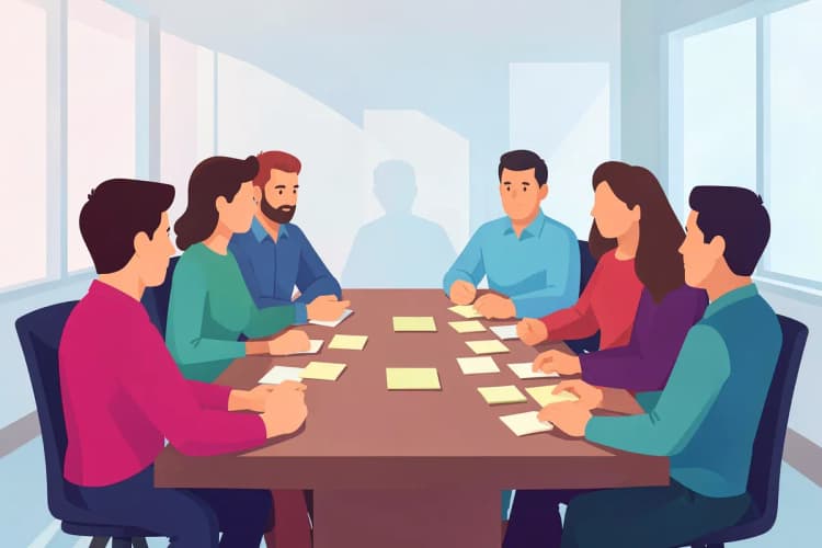 Equipe diversa reunida em volta de uma mesa de conferência discutindo ideias em post-its.