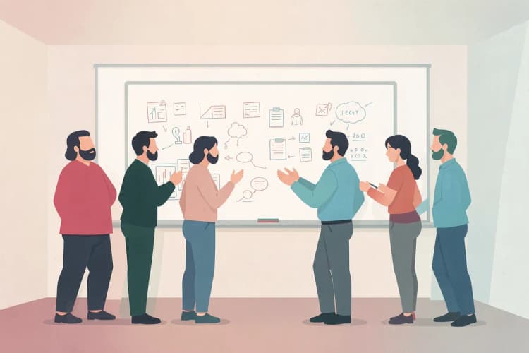 Pessoas em um escritório colaborando em um quadro branco com anotações e desenhos.