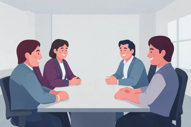 Um grupo de funcionários sorrindo e engajados em uma reunião de equipe.