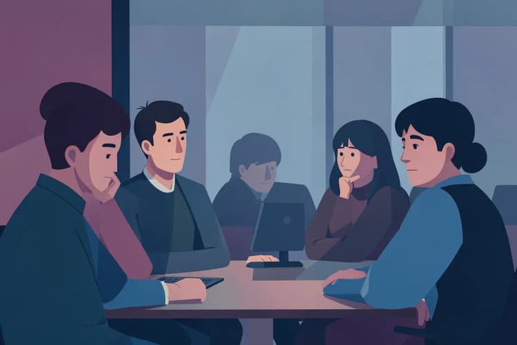 Pessoas com expressões pensativas em uma sala de reunião com alguns obstáculos visíveis.