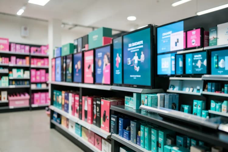 Prateleiras de loja com telas digitais exibindo promoções de produtos.