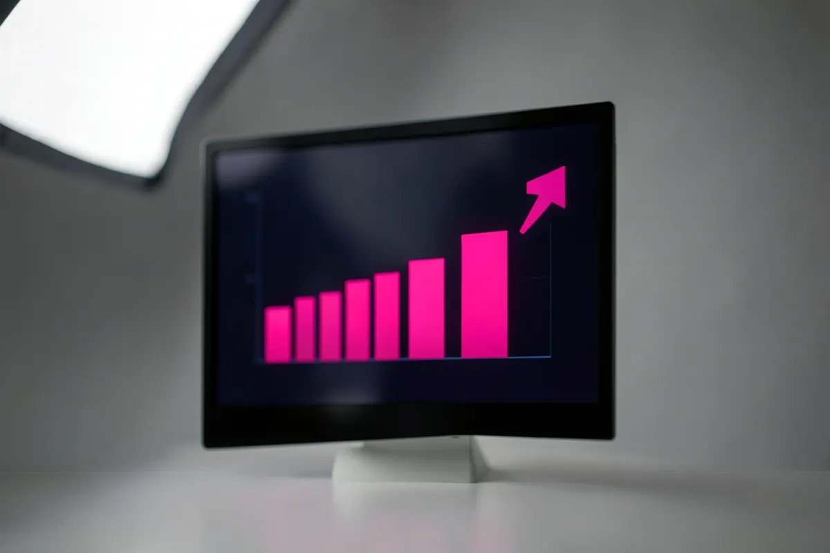 Gráfico de barras simulando crescimento de vendas com ícones de sinalização digital.