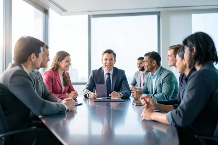 Um grupo diversificado de pessoas em uma sala de reunião discutindo ideias em torno de uma mesa, com gráficos e notas adesivas nas paredes.