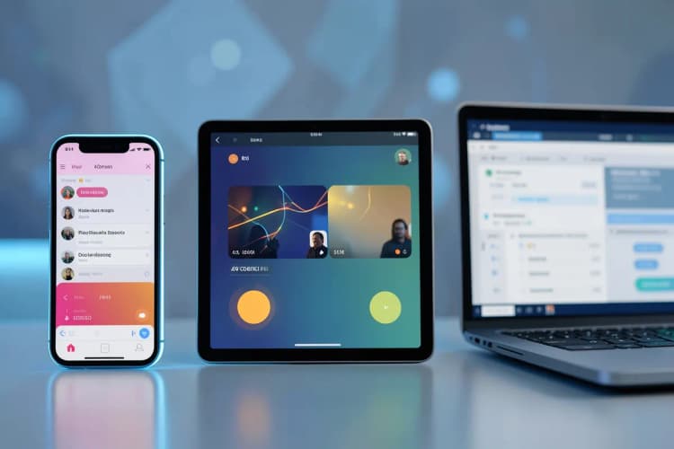 Um close-up de diferentes tipos de mídias de comunicação, como um smartphone, um tablet e um laptop, lado a lado.