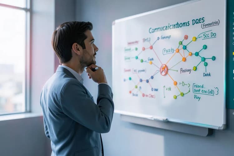 Uma pessoa olhando pensativamente para um quadro branco com anotações e diagramas complexos sobre comunicação.