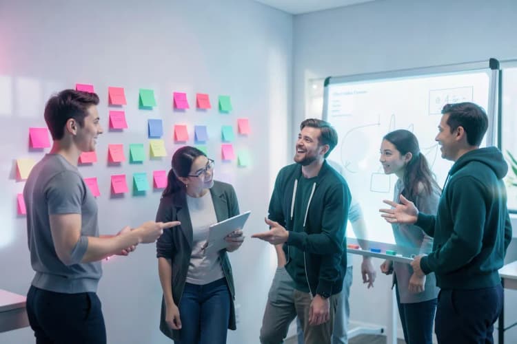Uma equipe colaborando em um projeto, usando post-its em uma parede e discutindo em frente a um flip chart.