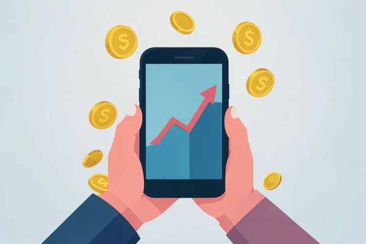 Close-up de uma mão segurando um smartphone exibindo um gráfico de vendas em ascensão, com moedas de ouro caindo ao redor.