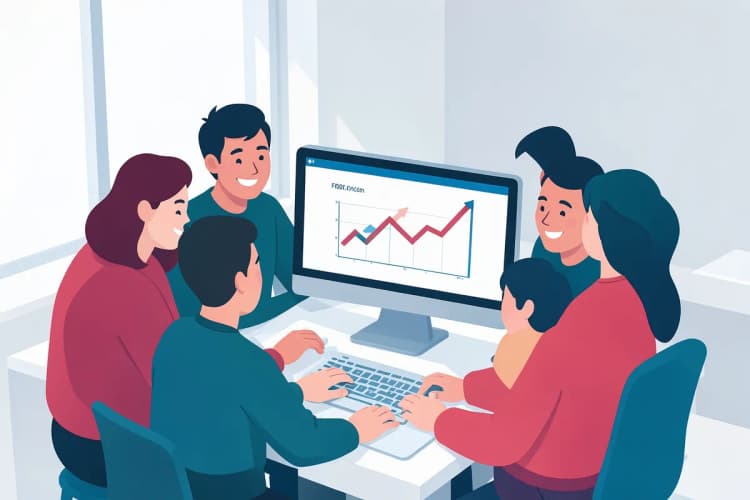 Um grupo de pessoas sorrindo e olhando para uma tela de computador que exibe um gráfico de crescimento, em um ambiente de escritório moderno.