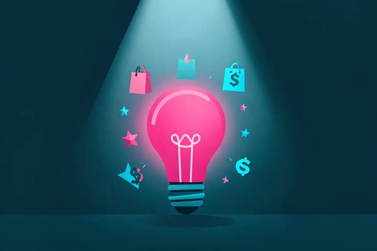 Uma lâmpada acesa com ideias saindo dela em forma de pequenos ícones como sacolas de compras, cifrões e estrelas.