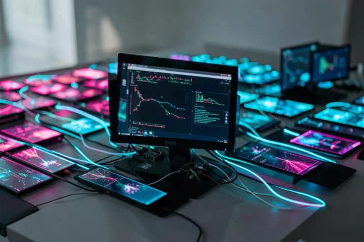Diagrama esquemático mostrando um computador central conectado a vários painéis de LED através de linhas de dados.