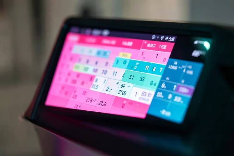 Um painel de LED mostrando um calendário digital com eventos destacados em cores vibrantes.