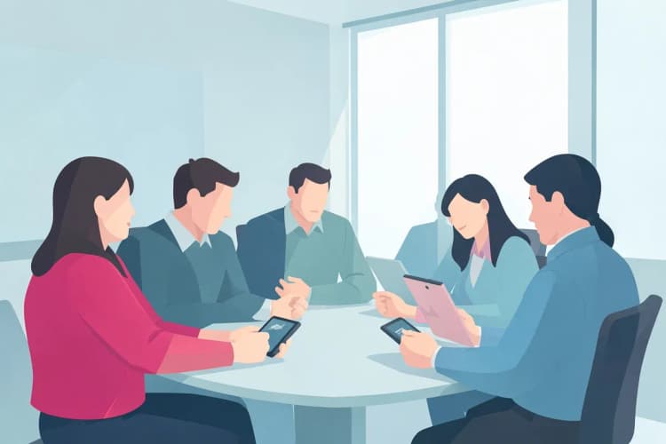 Pessoas reunidas em uma sala de reunião discutindo estratégias em um tablet.