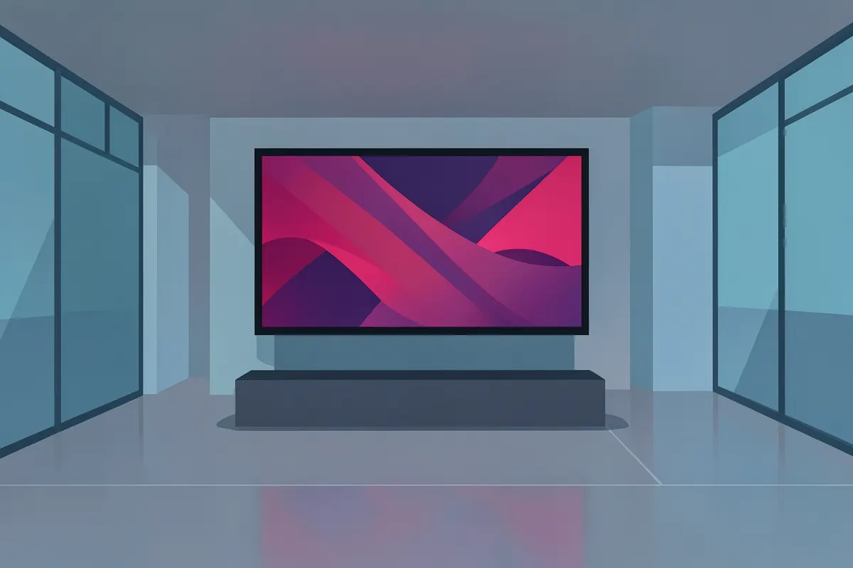 Tela de TV exibindo conteúdo dinâmico em um ambiente de varejo moderno.