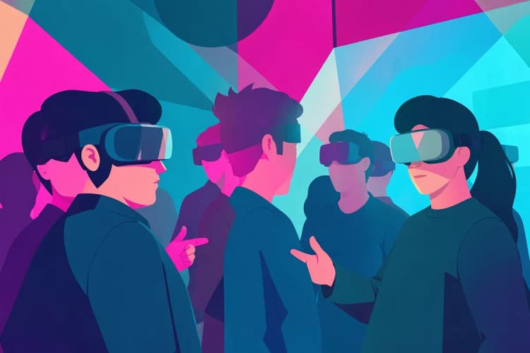 Pessoas usando óculos de realidade virtual em um evento tecnológico.
