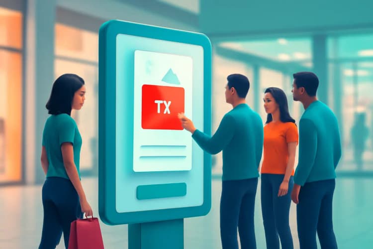 Pessoas interagindo com telas digitais em um ambiente comercial, como um shopping center.