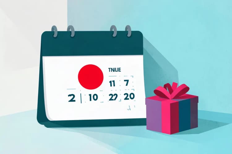 Um calendário com um dia marcado em vermelho e um pequeno presente ao lado.