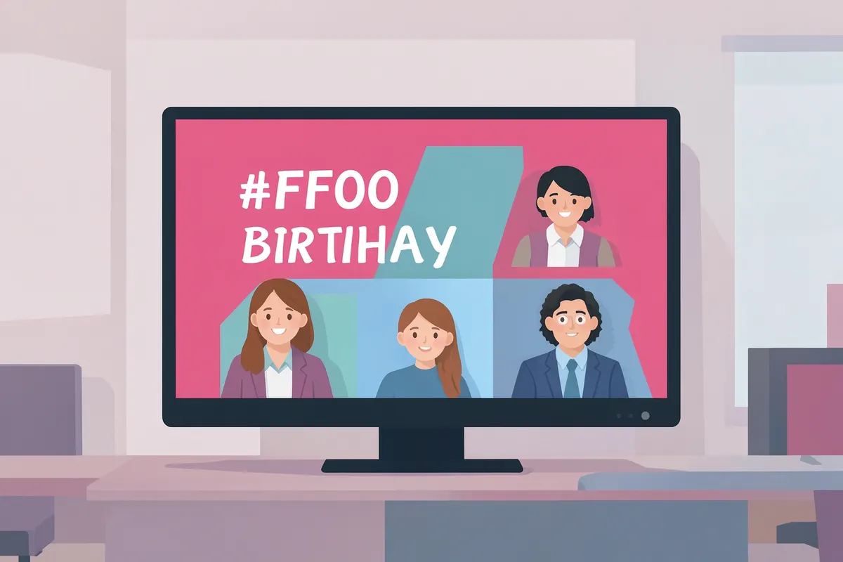 Uma tela de TV exibindo uma mensagem de feliz aniversário com fotos de funcionários.