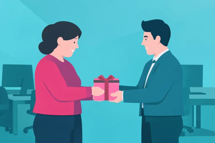 Pessoas entregando um presente e um cartão para um colega de trabalho em um escritório.