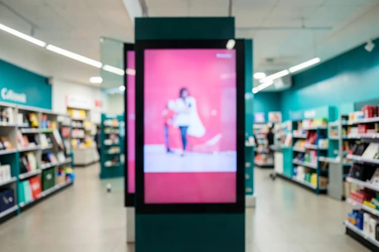 Um painel de sinalização digital exibindo um vídeo promocional em um ambiente de loja movimentado.