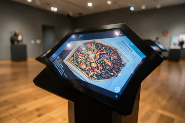 Uma tela touchscreen interativa em um museu, exibindo informações detalhadas sobre uma obra de arte.