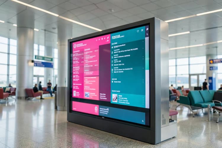 Um display de sinalização digital em um aeroporto, mostrando informações de voos e publicidade.