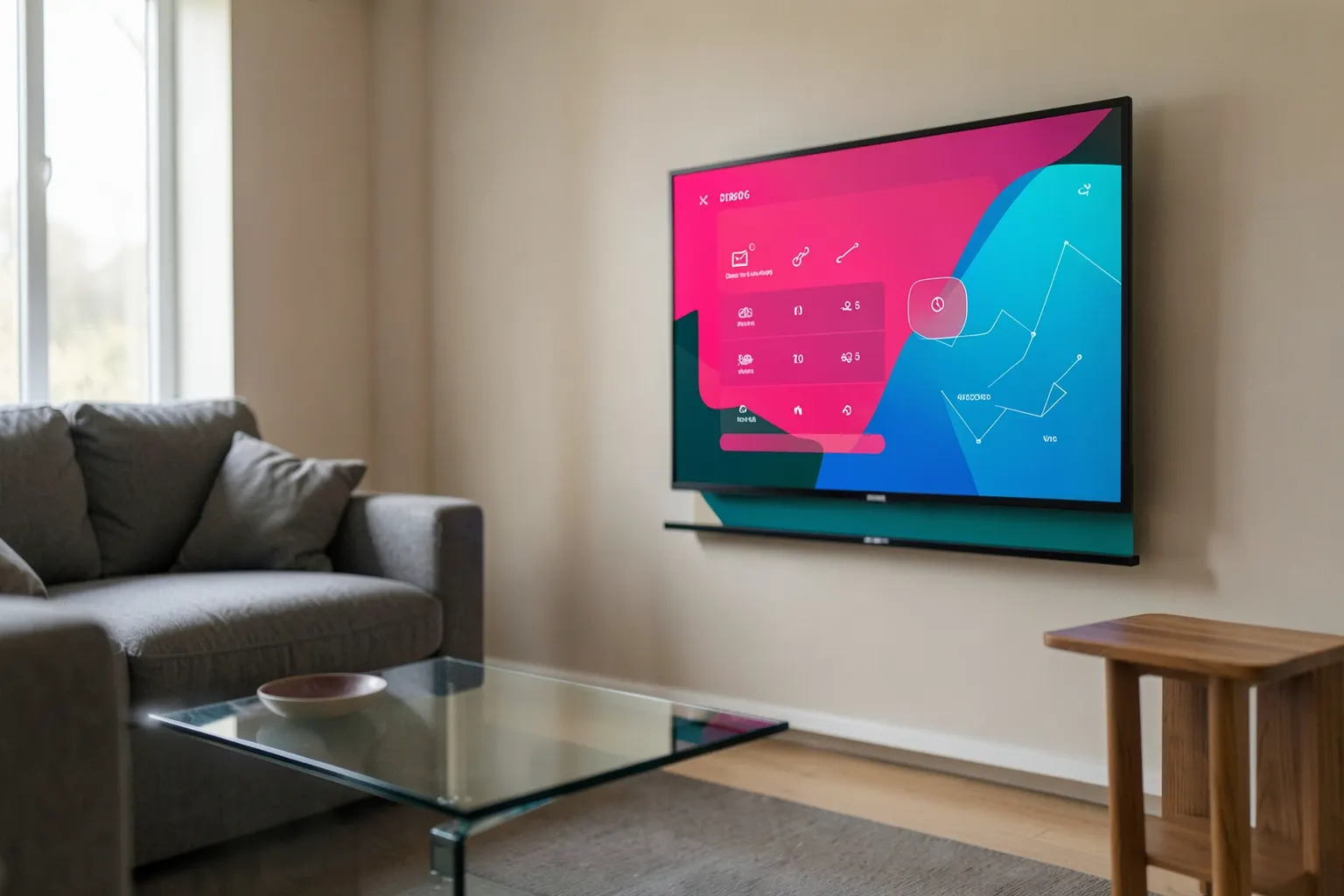 Tela de TV exibindo um menu interativo com opções de navegação e botões claros, em um ambiente de sala de estar moderno.